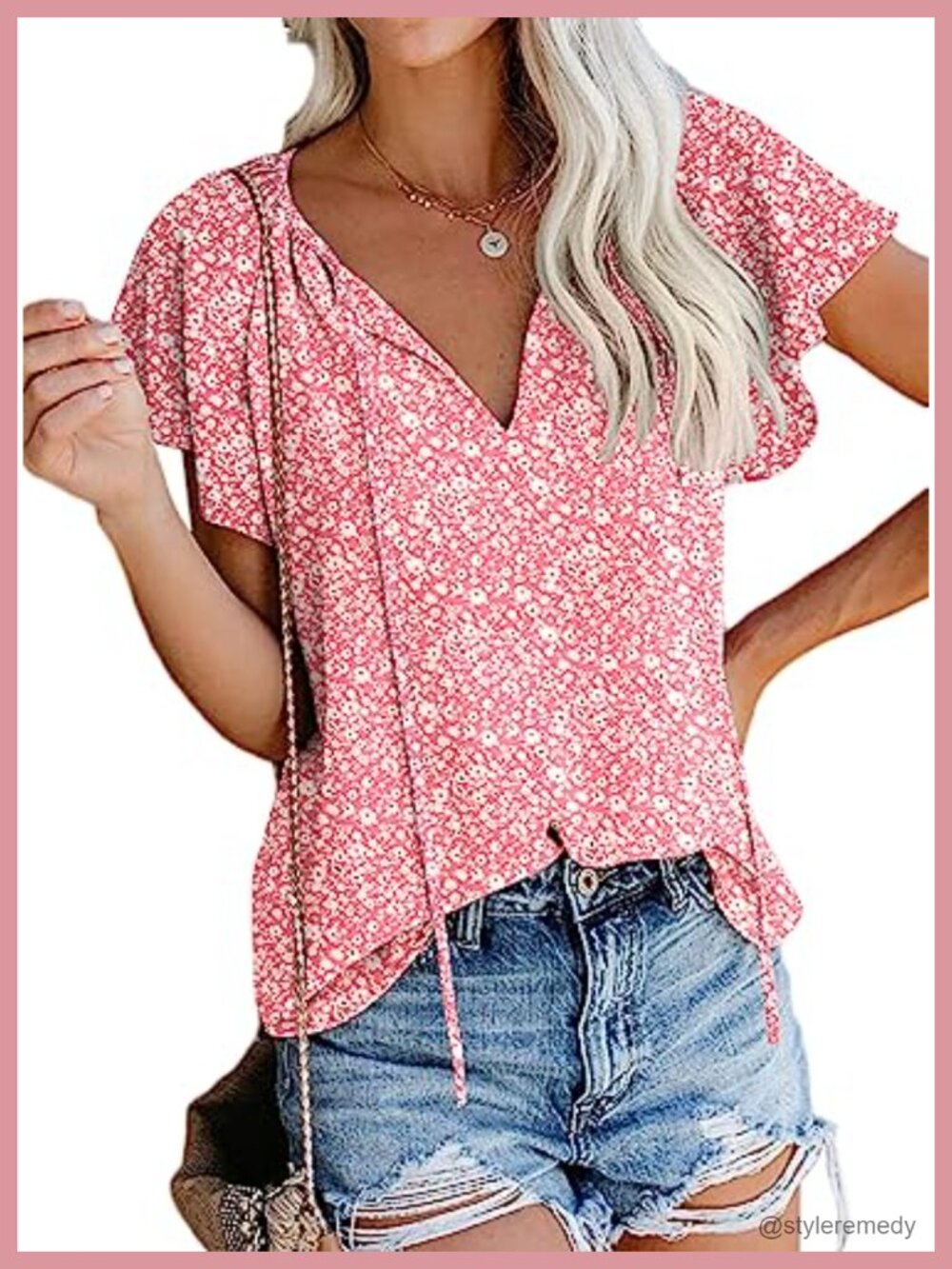 Women's Boho Floral Chiffon Blouse V-Neck Short Sleeve Summer Top
